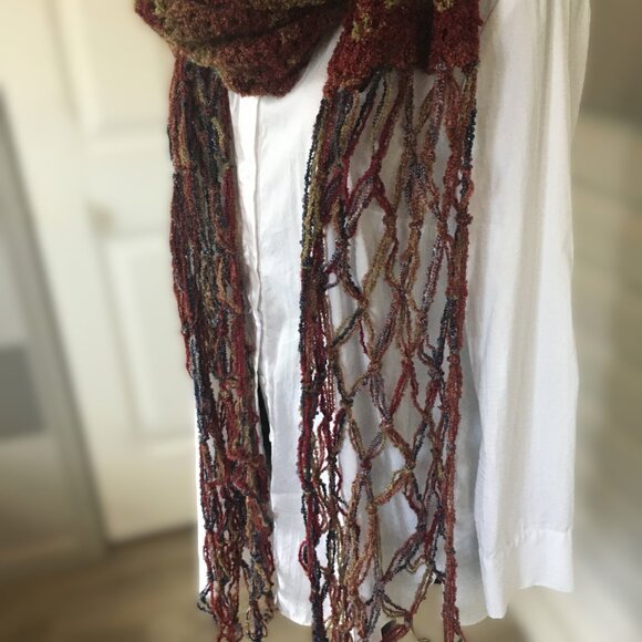 Hand Crocheted Red Tan Purple Pink Blue Boucle Extra Long Net Fringed Scarf - Picture 3 of 15